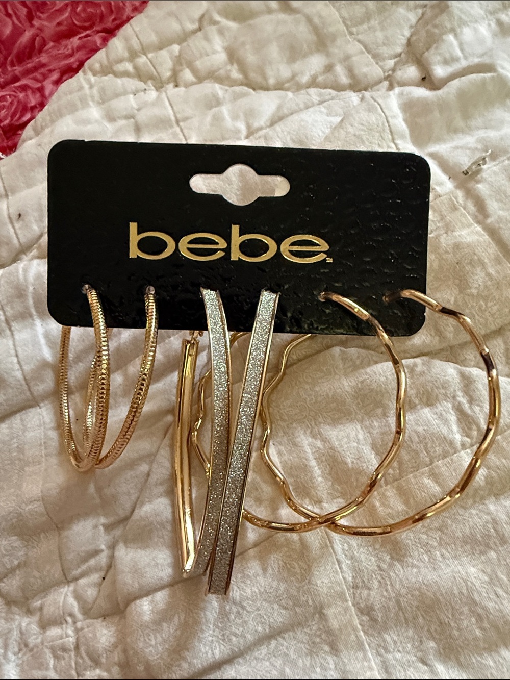 NWT bebe Women’s Gold and Silver Mixed Hoops set of 3 middle is 3”